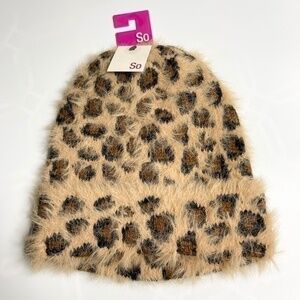 So Winter Hat Tan Brown Black Leopard Animal Print Faux Fur Soft Knit Beanie